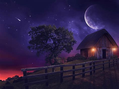 HD wallpaper: Artistic, Fantasy, Fence, Moon, Shed, Stars, Tree, night ...