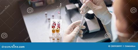 Laboratorian In Latex Gloves Takes Liquid From Test Tube To Research Material At Workplace Stock ...