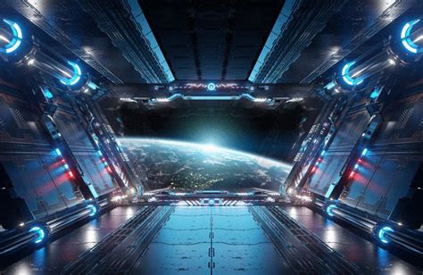 Blue And Red Futuristic Spaceship Interior With Window View On Planet Earth 3d Rendering Wall ...
