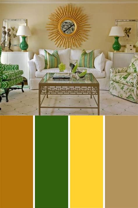 a living room filled with furniture and green accents in shades of ...