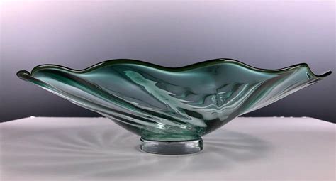 Vintage Hand Blown Centerpiece Glass Bowl Signed CRYSOPHIA Aqua Color