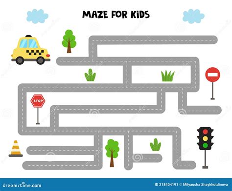 Maze Game For Kids. Help Taxi Car Get To The Traffic Lights. Worksheet For Children. Cartoon ...