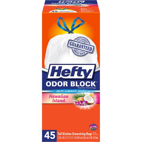 Hefty Odor Block Scented Tall Kitchen Trash Bags, Hawaiian Island, 45 Ct.