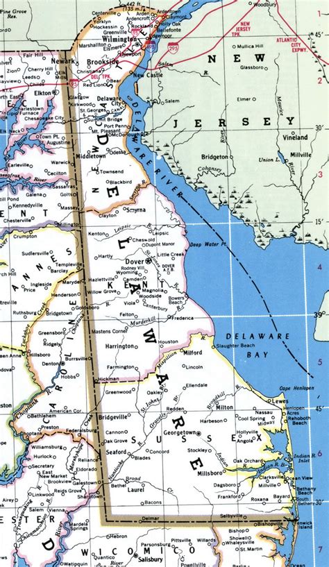 Map of Delaware showing county with cities,road highways,counties,towns