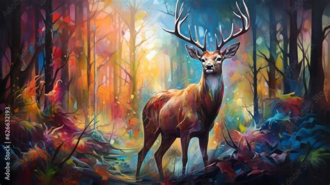 colorful oil painting of a deer walking in a magic forest , Conceptual abstract picture Stock ...