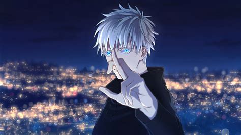 White Hair Blue Eyes Jujutsu Kaisen Satoru Gojo City Buildings ...