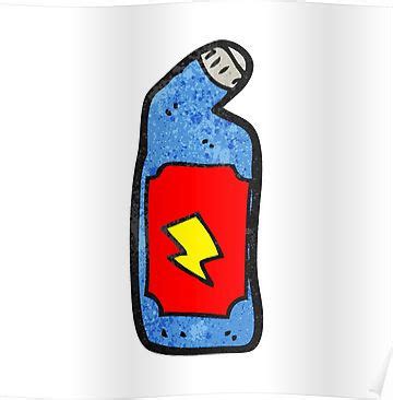 a blue plastic bottle with a lightning symbol on the top and a red ...