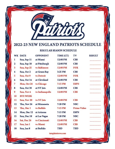 Printable 2022-2023 New England Patriots Schedule