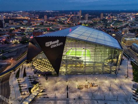 Aerial of US Bank Stadium at dusk - Stadium Parking Guides