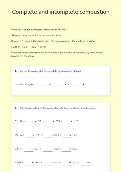 Complete and incomplete combustion - Interactive e-Worksheet - Quickworksheets