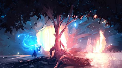 Wizard holding wand standing beside tree painting [1920x1080] Fantasy ...