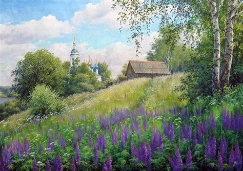 a painting of a house on a hill with purple flowers in the foreground