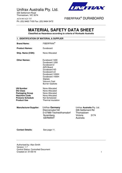 MATERIAL SAFETY DATA SHEET - Unifrax Australia