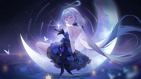 Beautiful Anime Girl Sitting On The Moon Live Wallpaper - WallpaperWaifu