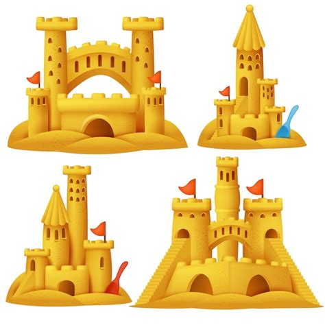 Premium Vector | Sand castle cartoon set. Beach sculpture buildings.