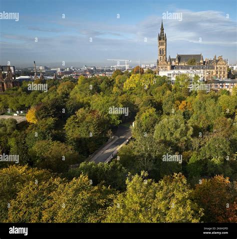 View from Lord Roberts Memorial in Kelvingrove Park towards the University of Glasgow in Autumn ...