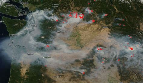 NASA satellite view of Washington state yesterday with wildfires marked ...