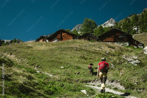 Hiking man with dog in Switzerland Stock Photo | Adobe Stock