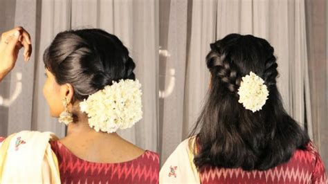 Kerala saree Hairstyle for short hair with jasmine flower | Preity ...