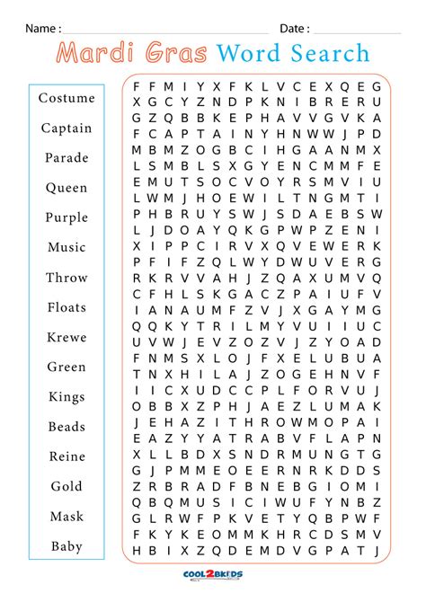 Printable Mardi Gras Word Search - Cool2bKids