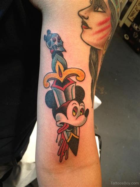 Colorful Dagger In Mickey Mouse Tattoo On Half Sleeve | Tattoo Designs, Tattoo Pictures