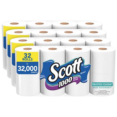 Scott Trusted Clean Toilet Paper, 32 Regular Rolls, Septic-Safe Toilet Tissue, 1-Ply Rolls 8 ...