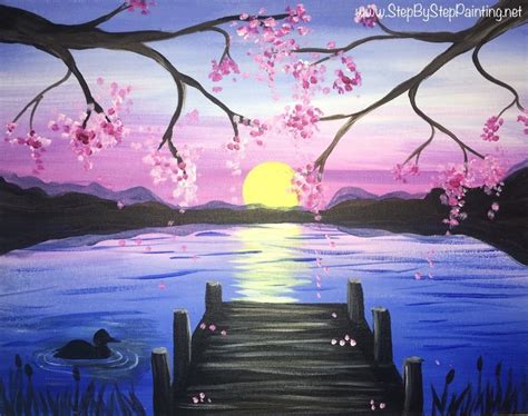 How To Paint A Sunset Lake Pier - Step By Step Painting Canvas Painting ...