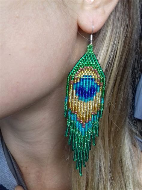 Peacock Feather earrings/Huichol cross/Long Women beads earrings ...