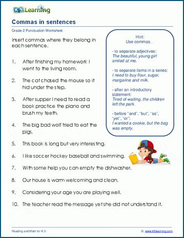 Punctuating sentences with commas worksheets | K5 Learning