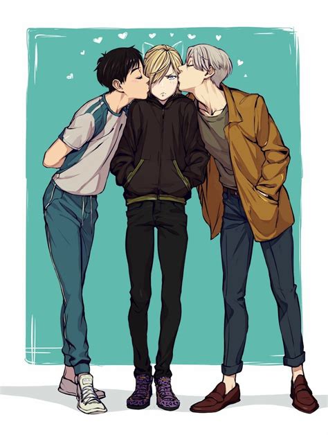 Yuuri, Yurio, Viktor, kissing, hearts, yaoi, cute, neko, cat, ears ...