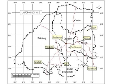 Map of Limpopo Province, showing district municipalities and localities... | Download Scientific ...