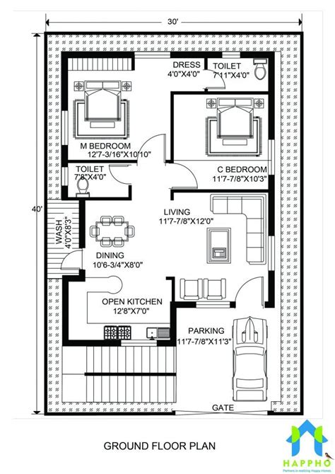 Vastu Complaint 2 Bedroom (BHK) Floor plan for a 30 X 40 feet Plot (750 ...