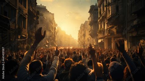 Rear view protesting crowd people on city street with raised hands ...