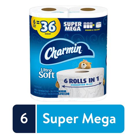 Charmin Ultra Soft Toilet Paper 6 Super Mega Rolls = 36 REGULAR ROLLS ...