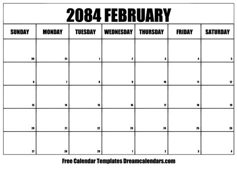 February 2084 Calendar - Free Printable with Holidays and Observances