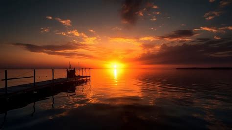 Premium Photo | A sunset over a lake with a dock and a boat in the water.