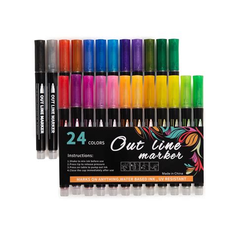 Shimmer Outline Markers Pen, 24 Colors Double Line Metallic Pen Set Sparkle Self-Outline Doodle ...