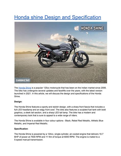 Honda shine Design and Specification by Car Bike 360 - Issuu