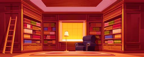 Cartoon library interior with bookshelf background