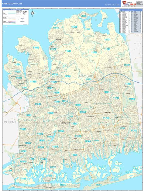 Nassau County, NY Zip Code Wall Map Basic Style by MarketMAPS - MapSales