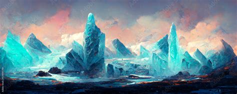 Desert ice landscape with iceberg and sunset. Digital painting and game ...