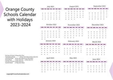 Orange County Schools Calendar with Holidays 2023-2024