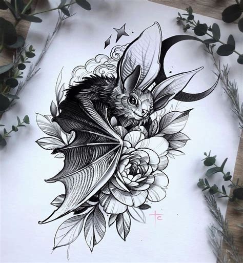 Bats Tattoo Design with Floral Elements