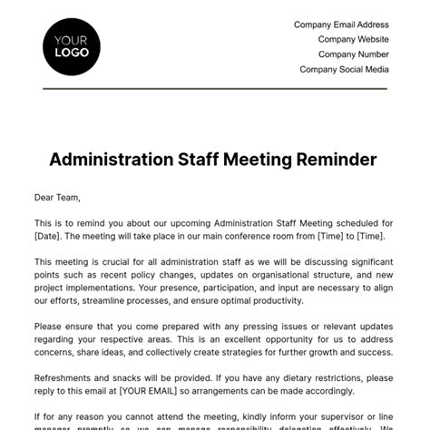 Administration Staff Meeting Reminder Template - Edit Online & Download Example | Template.net