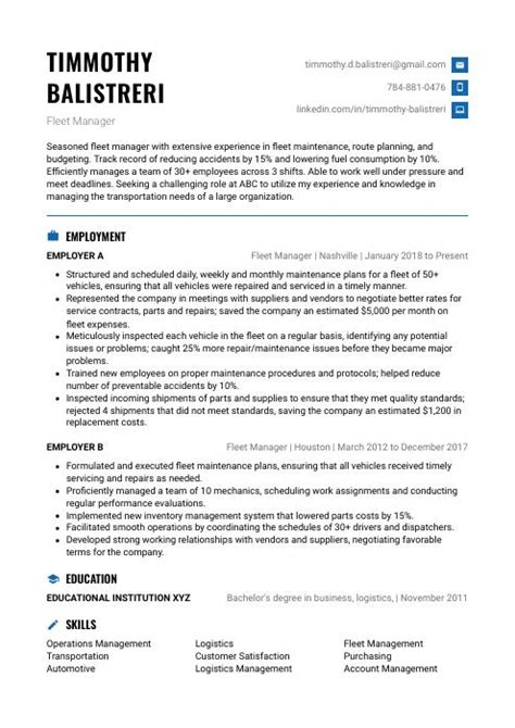 Fleet Manager Resume (CV) Example and Writing Guide