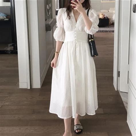 French romantic style White Dresses 2019 Summer V neck Single breasted ...