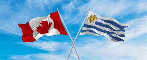 Crossed National Flags of Canada and Uruguay Flag Waving in the Wind at Cloudy Sky. Symbolizing ...