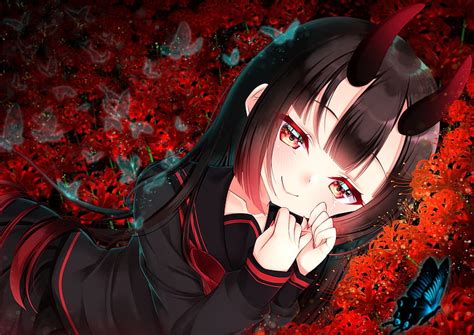 1080P free download | Anime girl, horns, black hair, smiling, teary ...