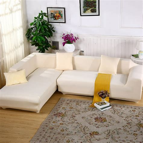 Sofa Covers for L Shape, 2pcs Polyester Fabric Stretch Slipcovers + 2pcs Pillow Covers for ...