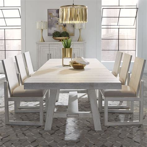 white farmhouse dining table large size trestle base seats 10 guests extendable design weathered ...